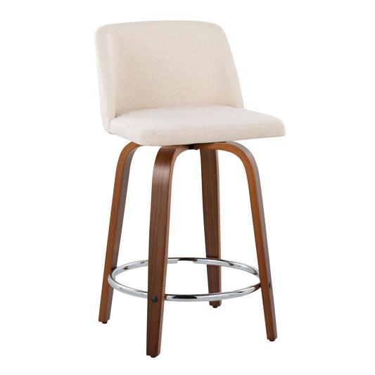 Helvryn - Set of 2 - 24" Cream Mid-Century Modern Counter Stools with Walnut Wood Swivel Seat and Chrome Footrest