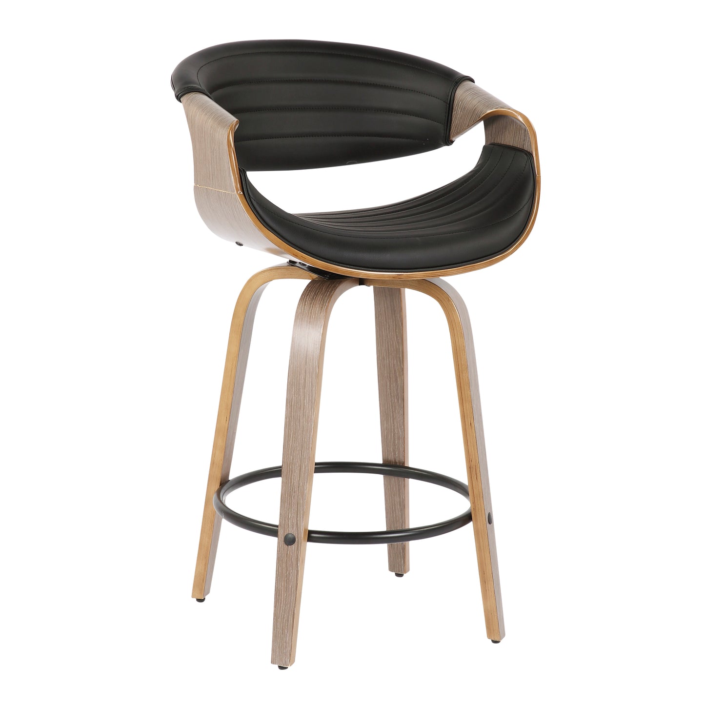 Ardenia - Set of 2 - 29" Light Grey Mid-Century Modern Counter Stools with Black Faux Leather & 360° Swivel