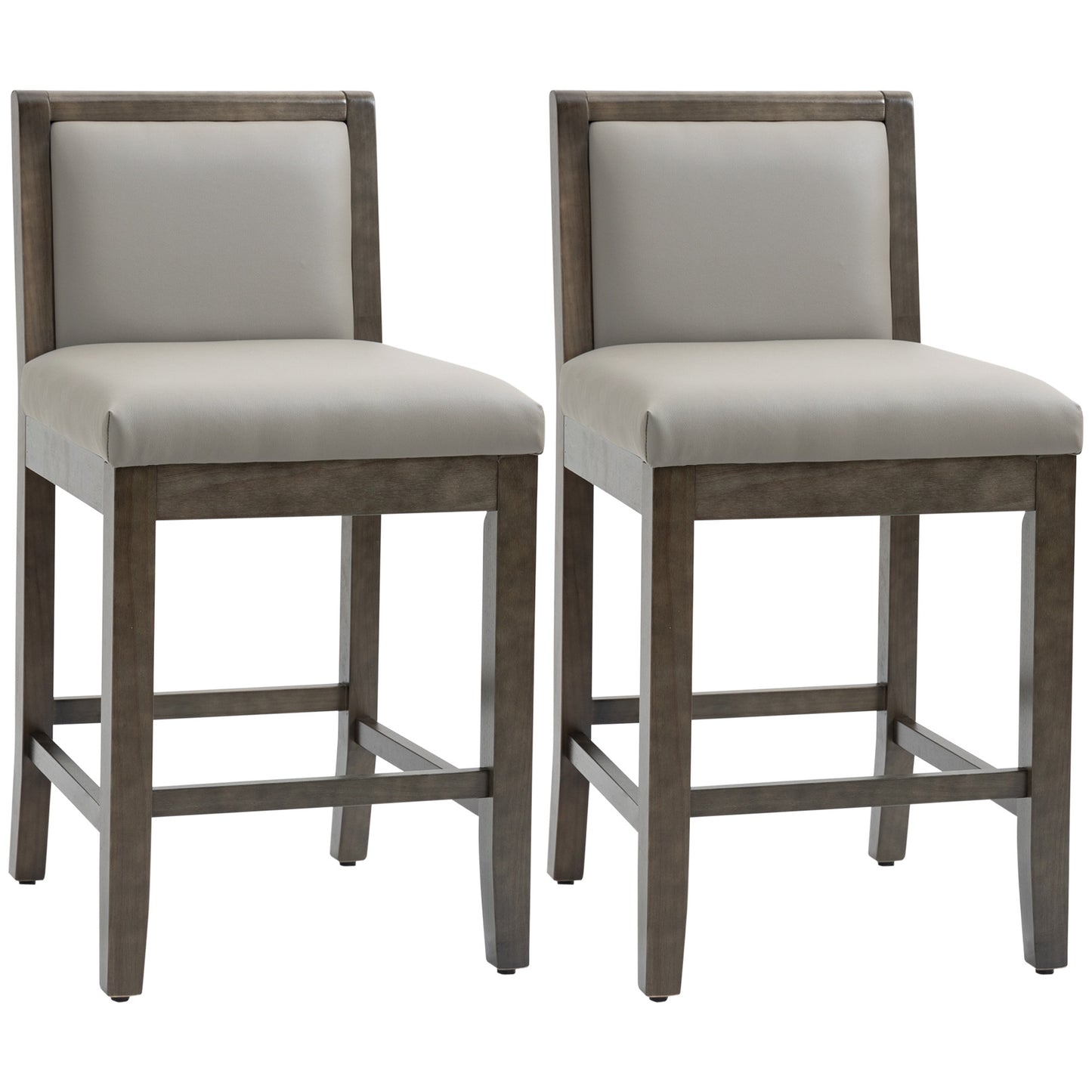 Quantifyx - Set of 2 - 26" Grey Polyurethane Leather Counter Height Bar Stools with Upholstered Backrest and Solid Rubber Wood Legs for Modern Kitchen Seating