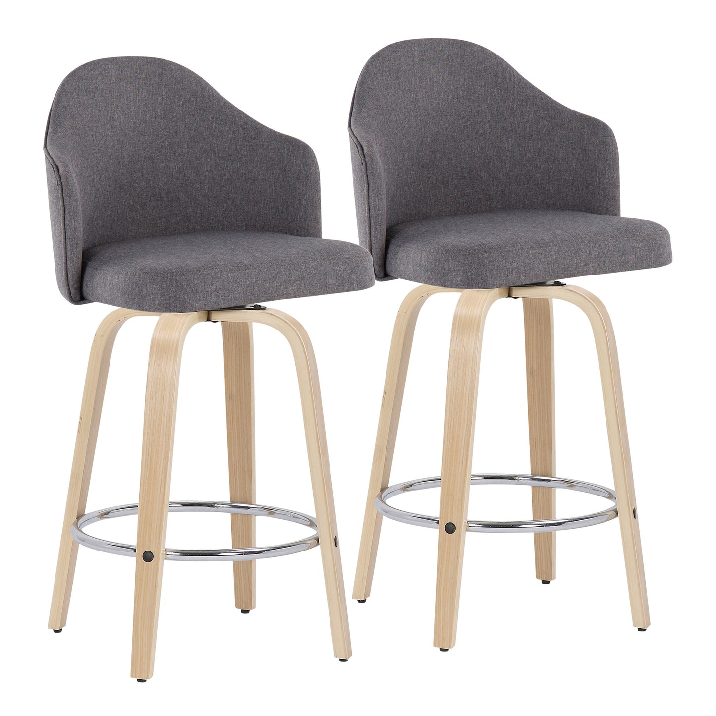 Voyage - Set of 2 - 20" Grey Fabric Counter Stools with Natural Wood Legs and Chrome Footrest - Mid-Century Modern Design