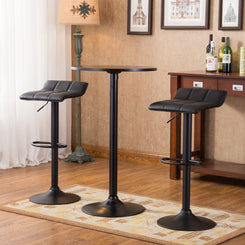 Syvior - Set of 2 - 30" Seat Height, Adjustable Black Bar Table with Round Top & 2 Swivel Bonded Leather Stools