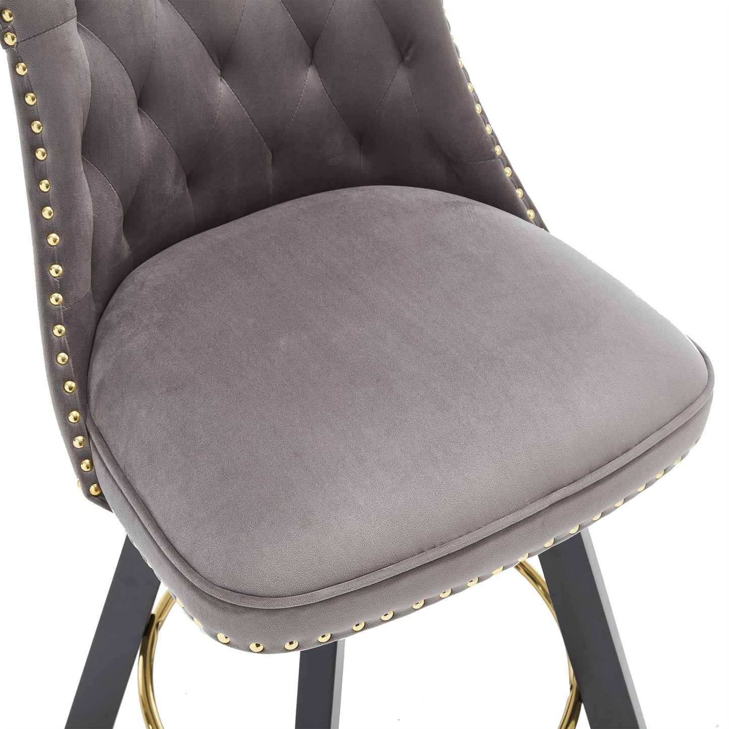 Evra - Set of 2 - Dark Gray Velvet Bar Stools with 360° Swivel, Rivet Detailing, and 26" Seat Height