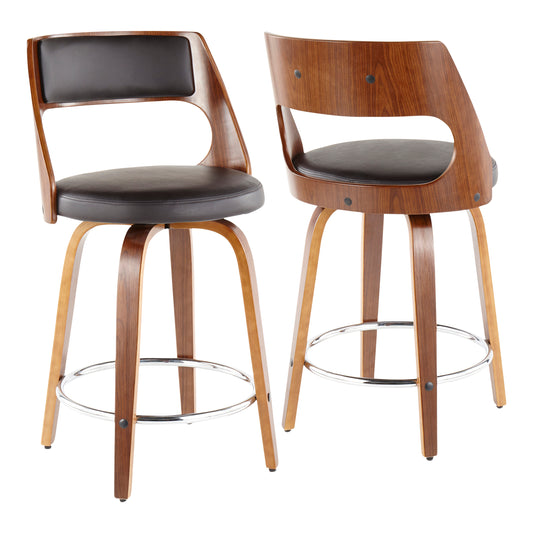 Ostrelle - Set of 2 - 24" Walnut Counter Stools with Brown Faux Leather Seat and Swivel Design