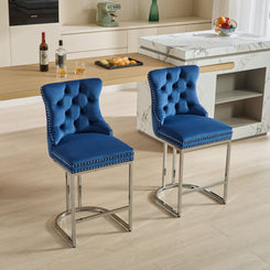 Moza – Set of 2 – 25" Blue Velvet Button Back Counter Height Bar Stools with Chrome Base, High Back, and Rivet Trim for Kitchen Island