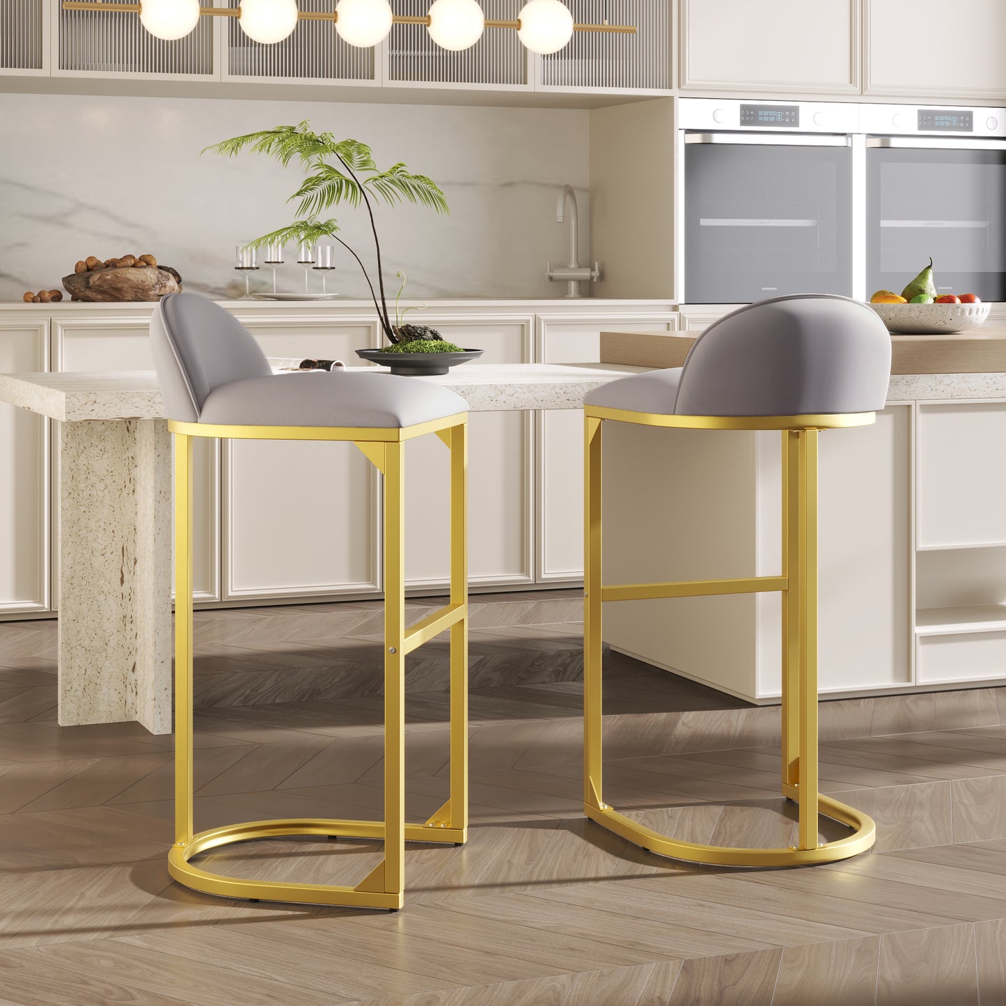 Thaddeus - Set of 2 - 30" Grey Velvet Upholstered Bar Stools with Gold Metal Frame, Padded Backrest, and Footrest