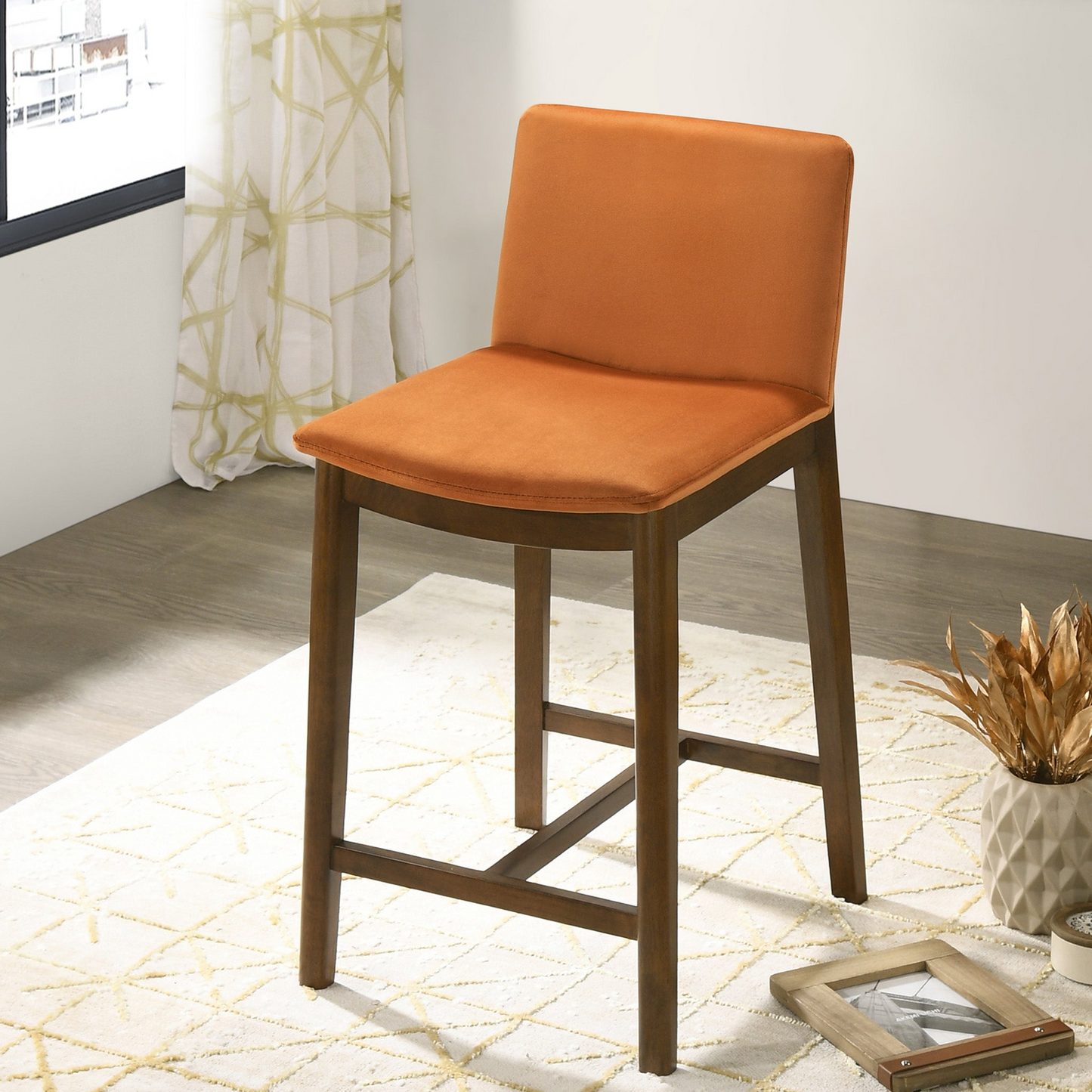 Sagewood - Set of 2 - 35" Burnt Orange Velvet Counter Chair – Mid-Century Modern Dining Seat