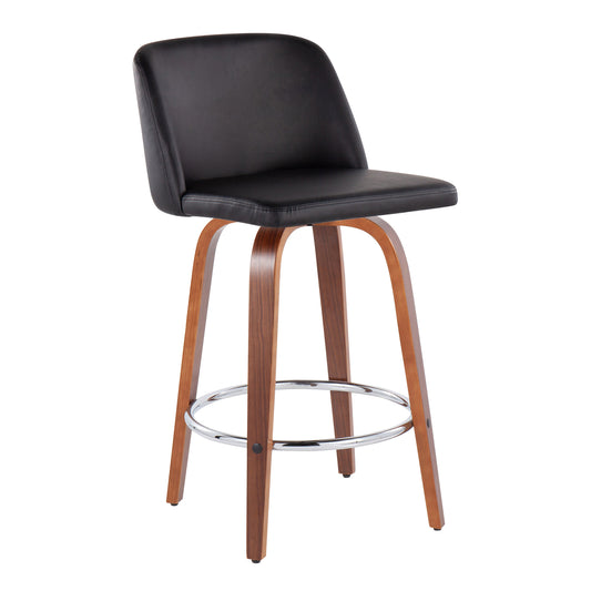 Tavolyn - Set of 2 - 24" Mid-Century Modern Counter Stools with Black Faux Leather, Walnut Wood Frame, and Chrome Footrest