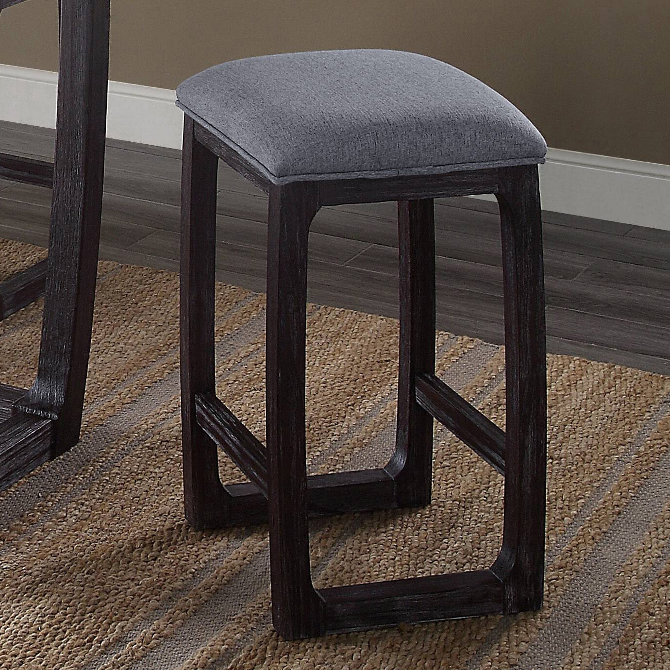 Wistalyn - Set of 1 - 26" Weathered Espresso Counter Height Stool with Grey Padded Seat and Rustic Wooden Sled Base