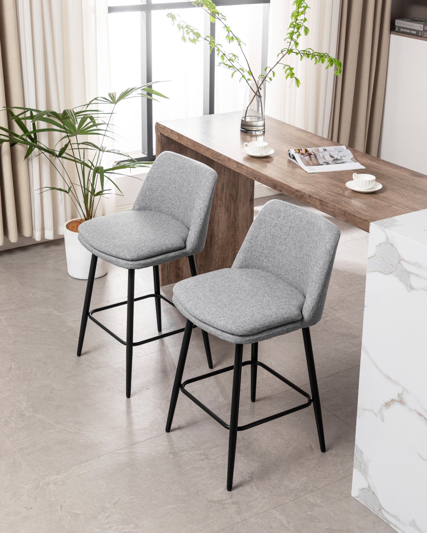 Vectoria 26" - Set of 2 - Light Grey Upholstered Swivel Counter Height Bar Stools with Metal Legs, 360° Swivel, and High Back, 25.6" Seat Height