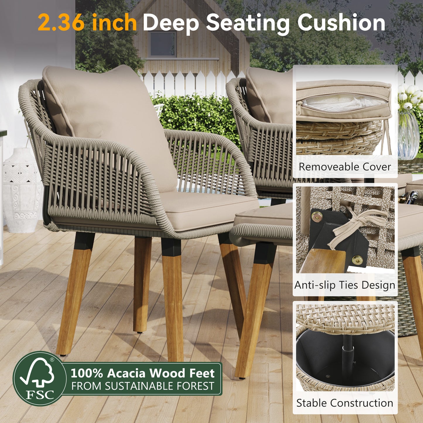 Hensleigh - Set of 2 - 18" Brown Wicker Patio Furniture Set with Cool Bar Table & Ottoman Stools – Modern Outdoor Lounge Chairs, Stylish Rope Weaving Design, Durable Acacia Wood Feet