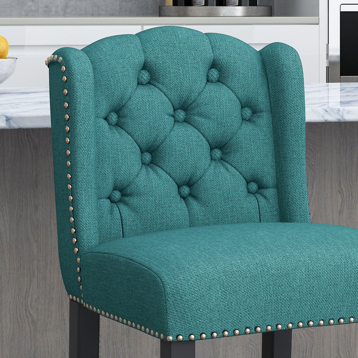 Veleta - Set of 2 - 27" Teal Tufted Wingback Counter Stools with Nailhead Trim and Dark Brown Rubberwood Legs