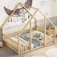 Wood House-Shaped Floor Bed With Fence, Guardrails