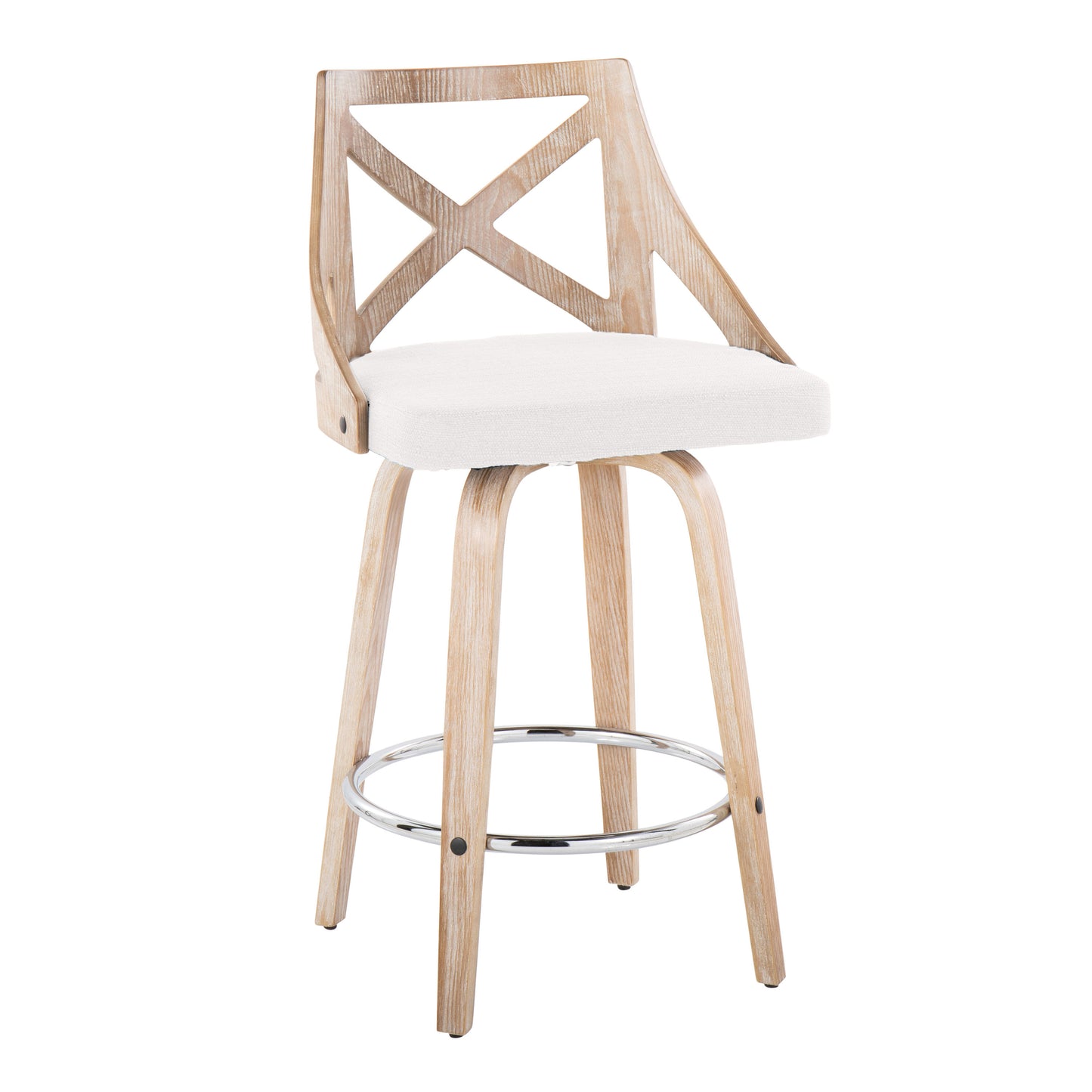 Shaniqua - Set of 2 - 26" Farmhouse Counter Stools with Cream Fabric, White-Washed Wood, Swivel, and Chrome Metal Footrest