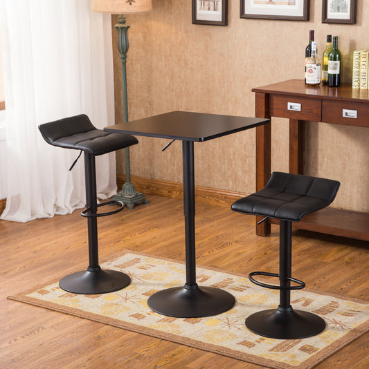 Belham - Set of 3 - 29" Black Adjustable Bar Table & Set of 2 - Swivel Bonded Leather Stools with Square Top, Height Adjustable (25.5" - 34.5")