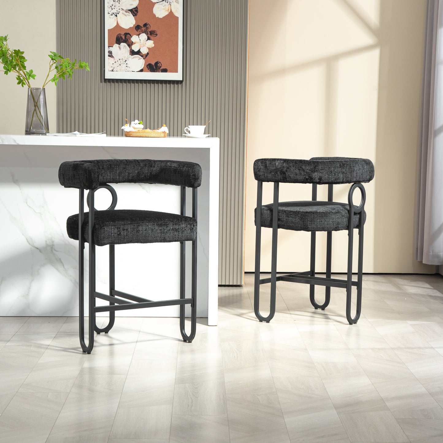 Lynsandra - Set of 2 - 24" Black Chenille Upholstered Bar Stools with Curved Backrest and Black Metal Legs