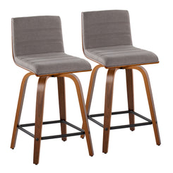 Vasari - Set of 2 - 24" Mid-Century Modern Walnut Swivel Counter Stools with Grey Fabric and Black Metal Footrest