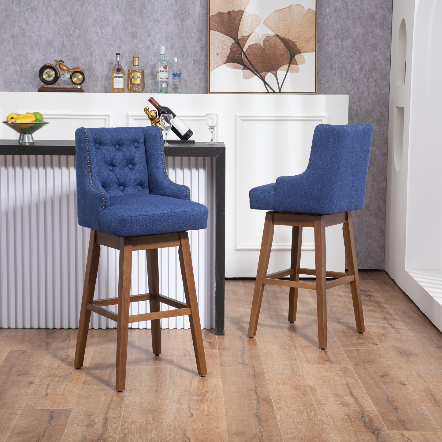 Morrithal - Set of 2 - 30" Navy Linen Counter Height Bar Stools with 360° Swivel, Footrest, Solid Wood Legs, and Retro Style for Kitchen or Dining Room