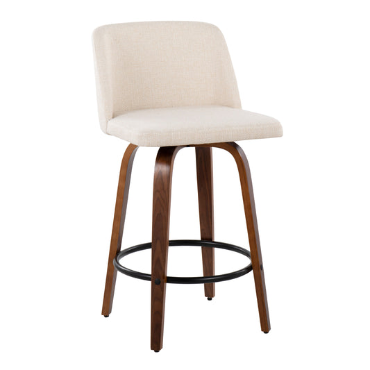 Marceline - Set of 2 – 26" Walnut Wood Counter Stools with Cream Upholstery and Black Round Footrest