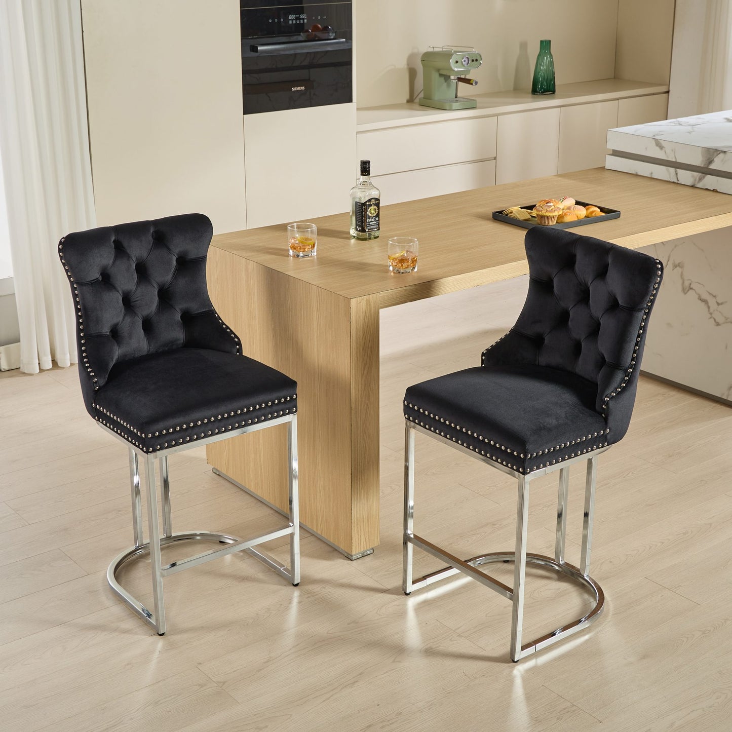 Vitra - Set of 2 - 24" Black Velvet Counter Stools - Button Back, Rivet Trim, Upholstered with Chromed Metal Base