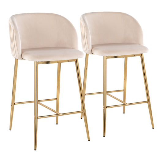 Forsyth - Set of 2 - 36" White Velvet and Gold Fixed-Height Counter Stools with Pleated Back