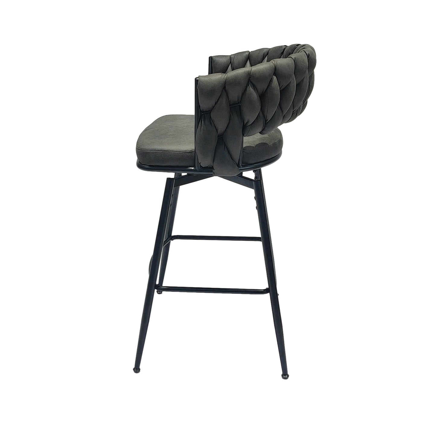 Gatsby - Set of 4 - 28" Tan Woven Leather Bar Stools with 360° Swivel Upholstered Counter Chairs, Back, and Black Metal Legs