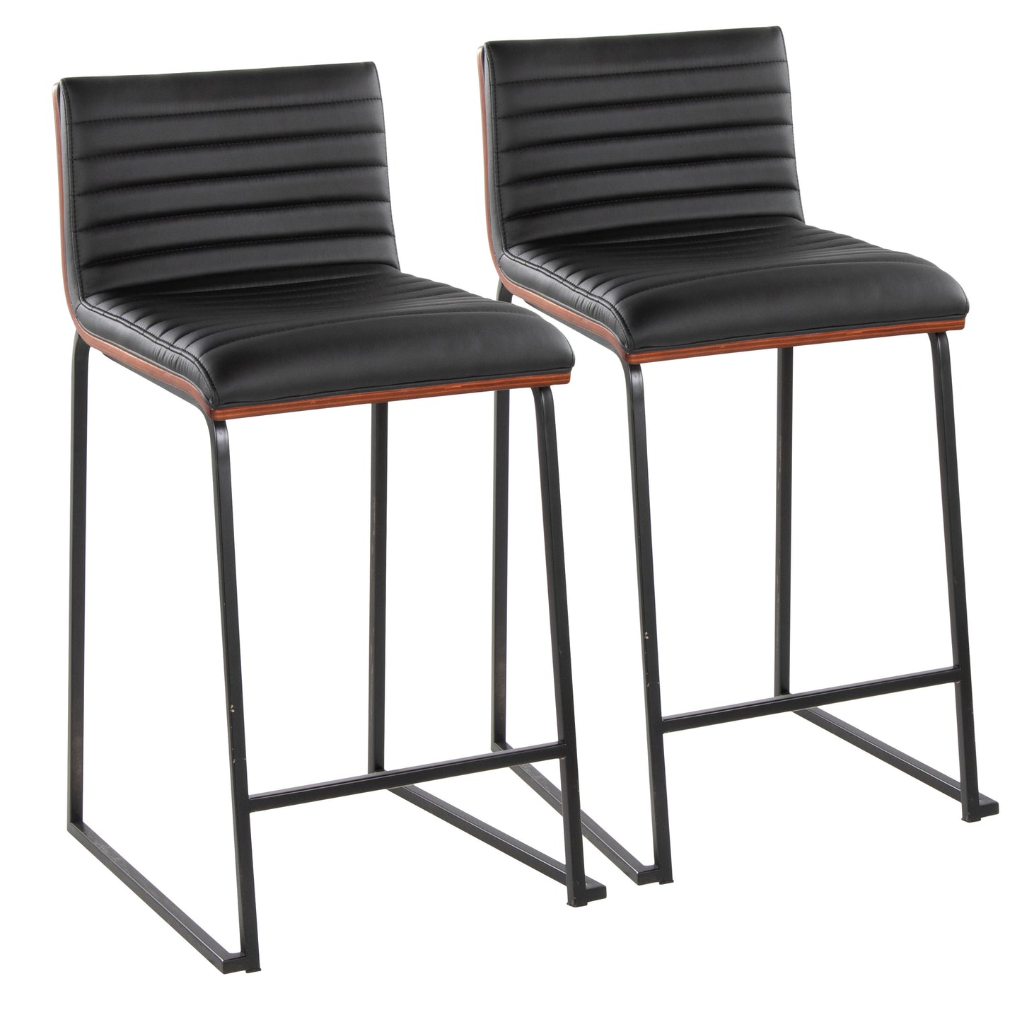 Hestara - Set of 2 - 26" Black Metal Counter Stools with Walnut Wood Backrest and Faux Leather Seats