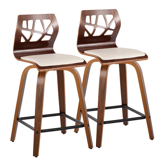 Felicity - Set of 2 - 24" Mid-Century Modern Swivel Counter Stools in Walnut Wood & Cream Faux Leather with Square Black Metal Footrest