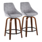 Diana - Set of 2 - 24" Fixed-Height Swivel Counter Stool with Walnut Wood & Grey Corduroy Seat and Black Metal Footrest