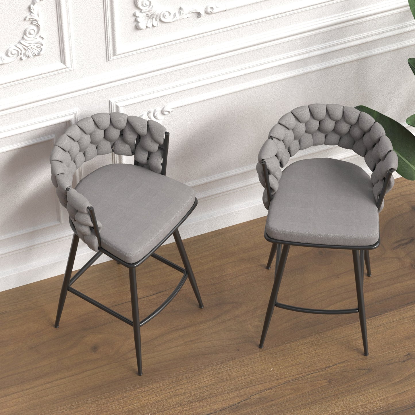 Malor - Set of 2 - 39" Grey Woven Linen Bar Stools with 360° Swivel Seat, Padded Backrest, Footrest, and Black Metal Legs