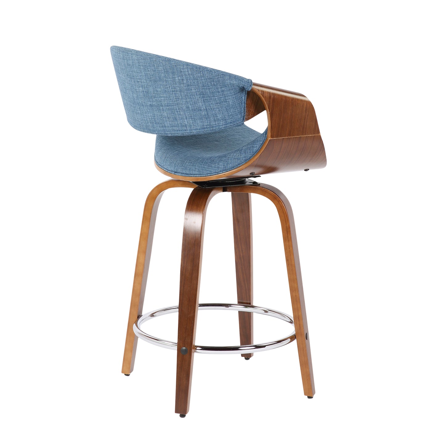 Curvini - Set of 2 - 26" Walnut Wood & Blue Fabric Mid-Century Counter Stools with Swivel & Armrests