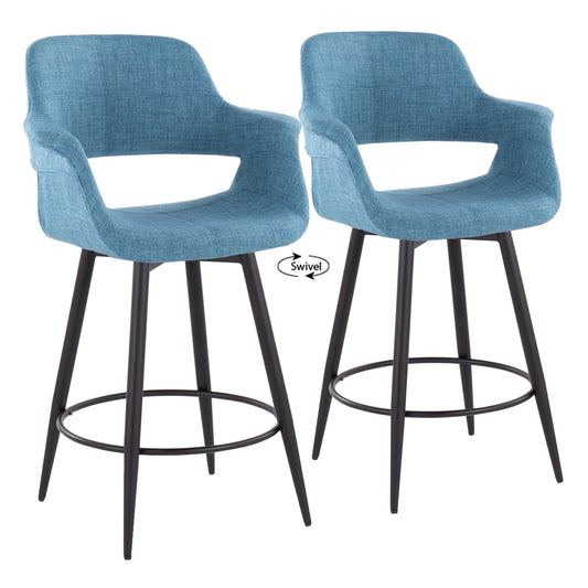 Lennon - Set of 2 - 26" Mid-Century Modern Blue Fabric Swivel Counter Stools with Matte Black Metal Legs