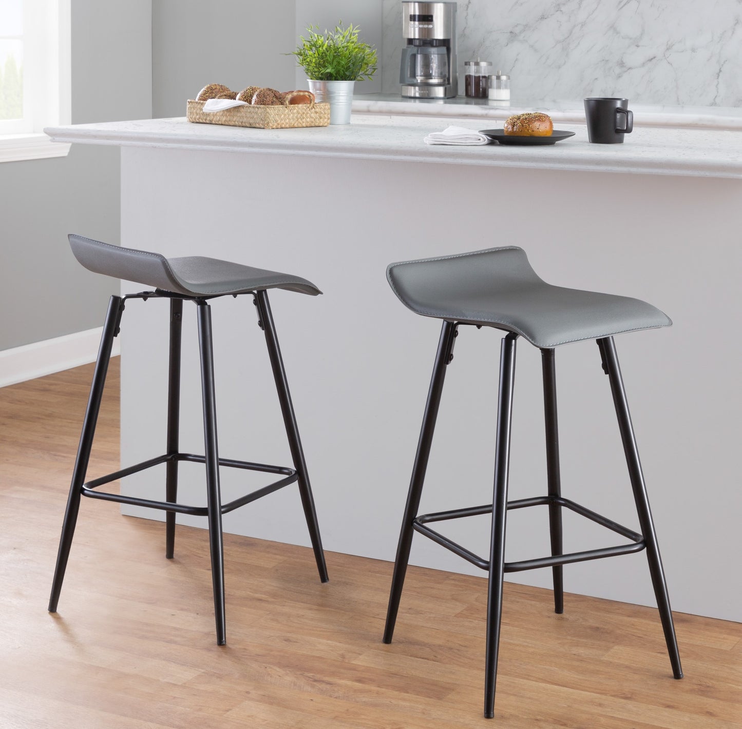 Axel - Set of 2 - 26" Fixed-Height Counter Stools with Grey Faux Leather and Black Steel Frame