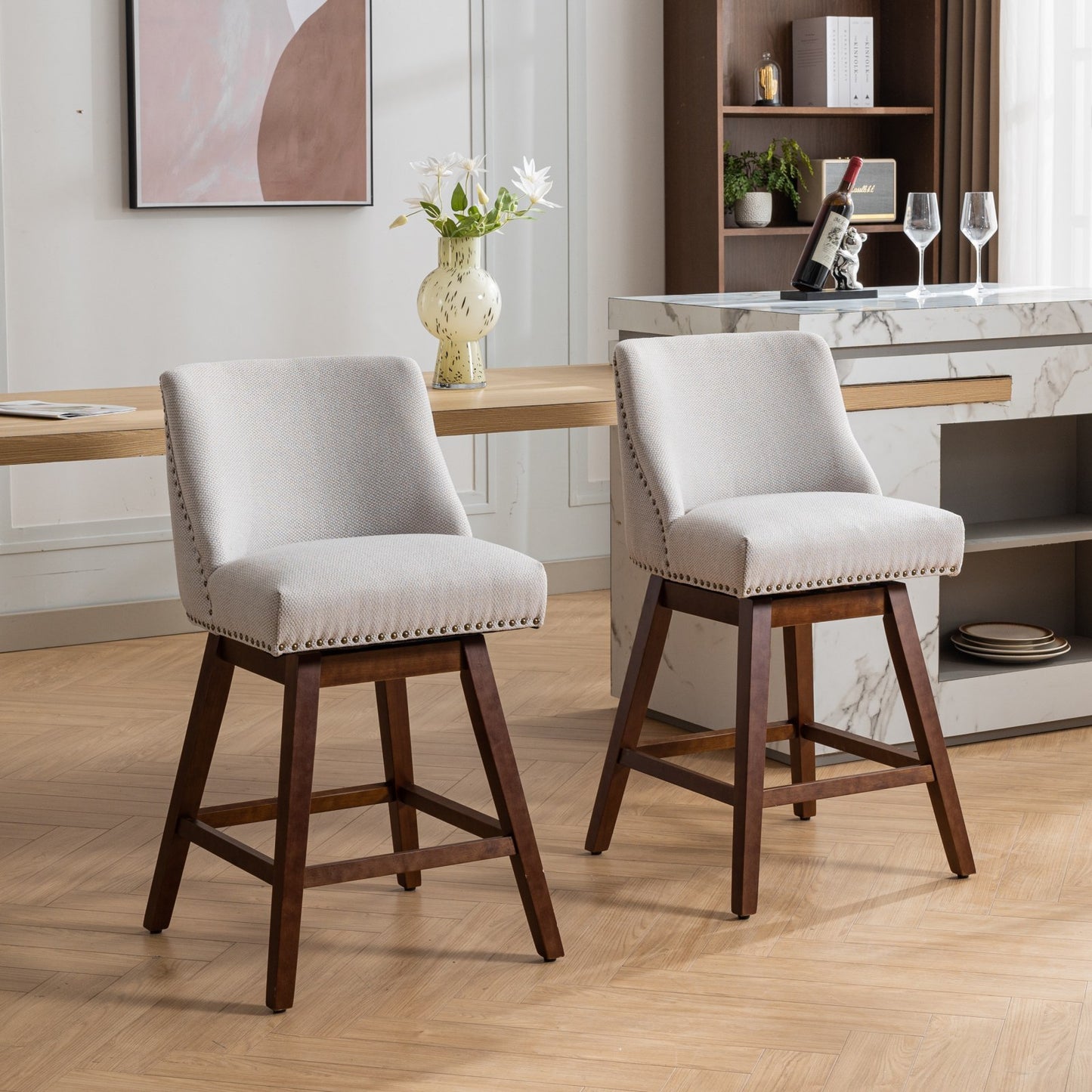 Avalon - Set of 2 - 26" Ivory Upholstered Counter Height Swivel Bar Stools with Curved Back, American Design, and Solid Rubber Wood Legs