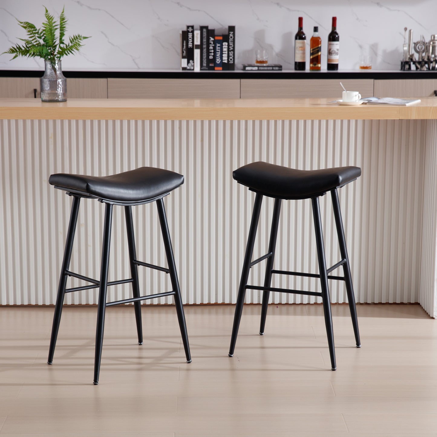 Saffron – Set of 2 – 24" Black PU Leather Counter Height Bar Stools with Foam Upholstered Seat and Footrest for Kitchen and Dining Room