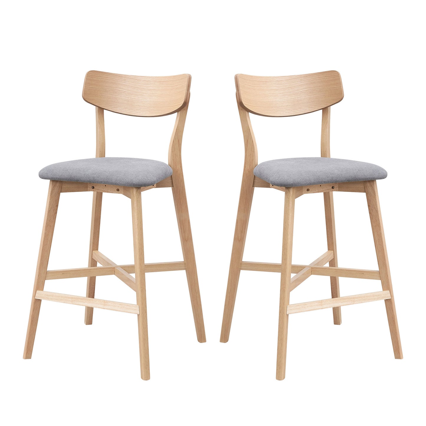 infinia - Set of 2 - 21" Oak Wooden Bar Chairs with Backrest and Upholstered Seats for Kitchen Island