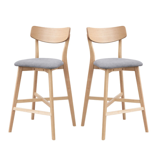 infinia - Set of 2 - 21" Oak Wooden Bar Chairs with Backrest and Upholstered Seats for Kitchen Island