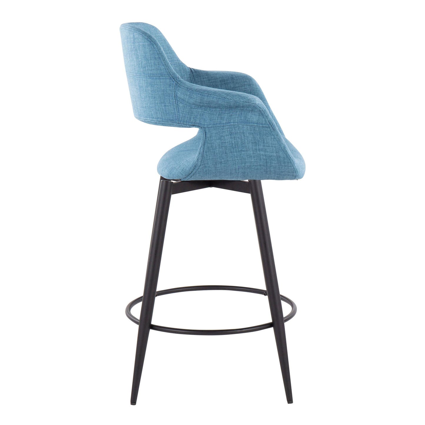 Lennon - Set of 2 - 26" Mid-Century Modern Blue Fabric Swivel Counter Stools with Matte Black Metal Legs