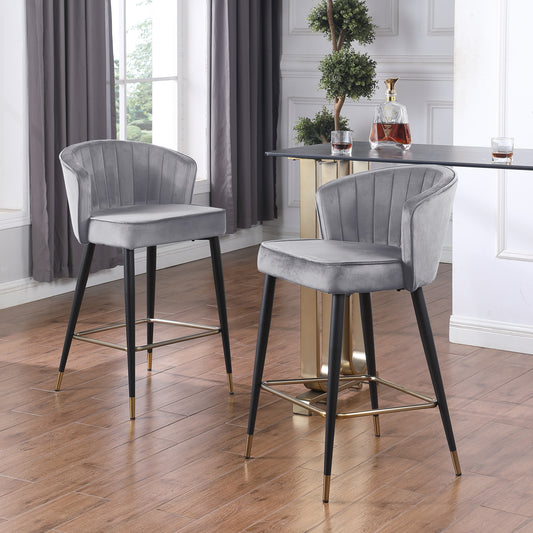 Sophia - Set of 2 - 26" Gray Velvet Upholstered Counter Height Stools with Deep Channel Tufting and Gold-Tipped Black Metal Legs