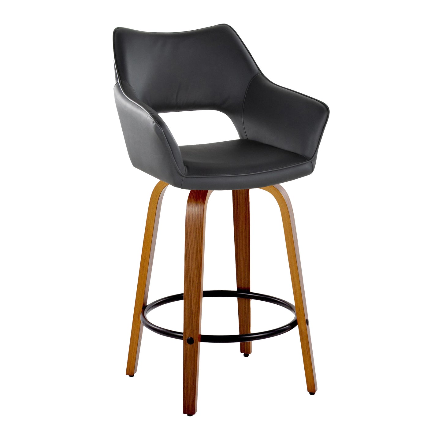 Mustang - Set of 2 - 26" Contemporary Swivel Counter Stools in Walnut Wood and Black Faux Leather with Round Metal Footrest