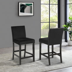 Saffi - Set of 2 - 24" Black Velvet Counter Stools with Nailhead Trim and Espresso Wood Legs