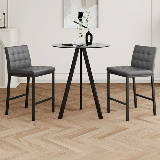 Sidney Set of 2 Gray PU Bar Stools & Glass Dining Table with Black Metal Legs - 29" Height