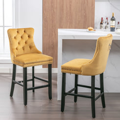 Golden Velvet - Set of 2 - 23.6" Upholstered Bar Stools with Button Tufted Design, Chrome Nailhead Trim & Wooden Legs