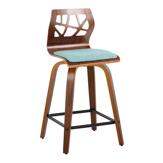 Fenwick - Set of 2 - 24'' Walnut Wood & Teal Fabric Counter Stools with Swivel and Black Metal Footrest