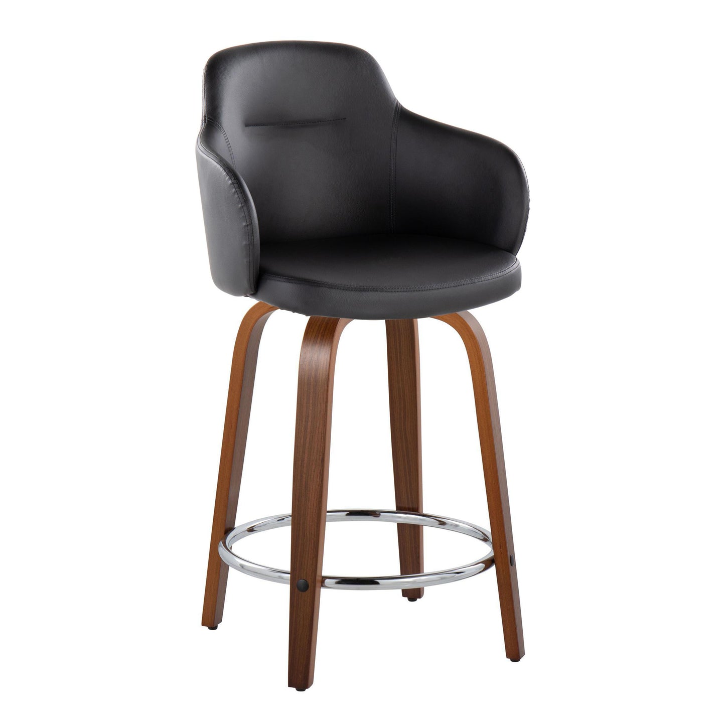 Cresvar - Set of 2 - 24" Black Faux Leather Swivel Counter Stools with Walnut Wood Base and Chrome Footrest