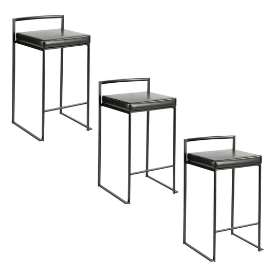 Hegton - Set of 3 - 24" Black Metal Stackable Counter Stools with Faux Leather Cushions