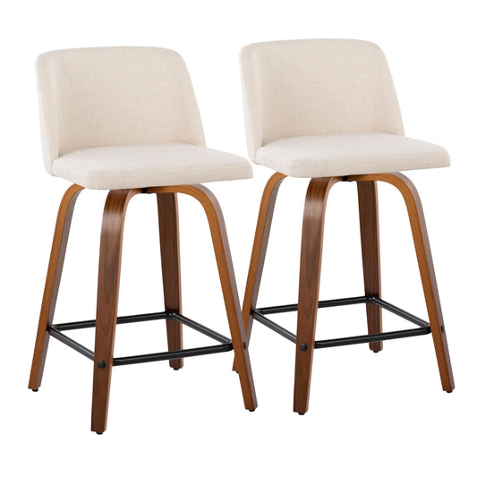 Thade - Set of 2 - 24" Cream Noise Fabric and Walnut Wood Swivel Counter Stools with Black Metal Footrest – Mid-Century Modern Design