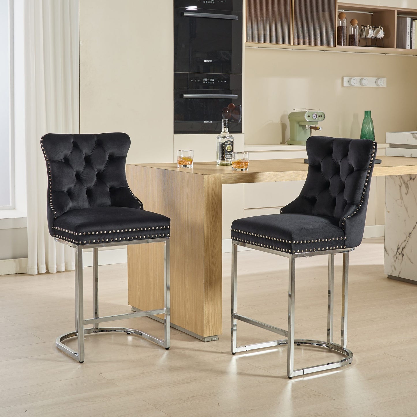 Vitra - Set of 2 - 24" Black Velvet Counter Stools - Button Back, Rivet Trim, Upholstered with Chromed Metal Base