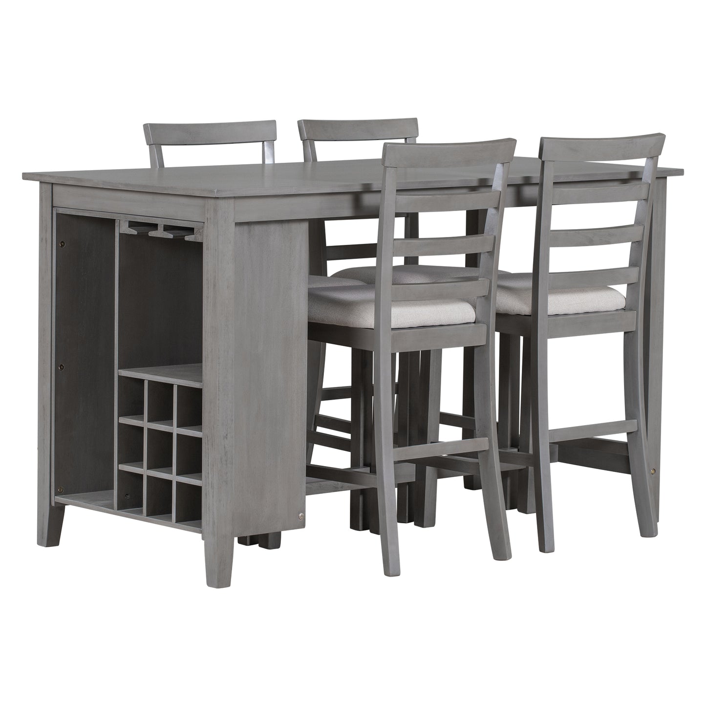 Tymorath - Set of 5 - 26" Gray Counter Height Dining Set with Solid Wood Table, Padded Chairs, Integrated Wine Storage, and Glass Holders - 35.4" Height