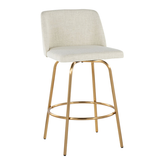 Turanith - Set of 2 - 26" Swivel Counter Stools with Cream Fabric Upholstery, Gold Metal Frame, and Round Footrest