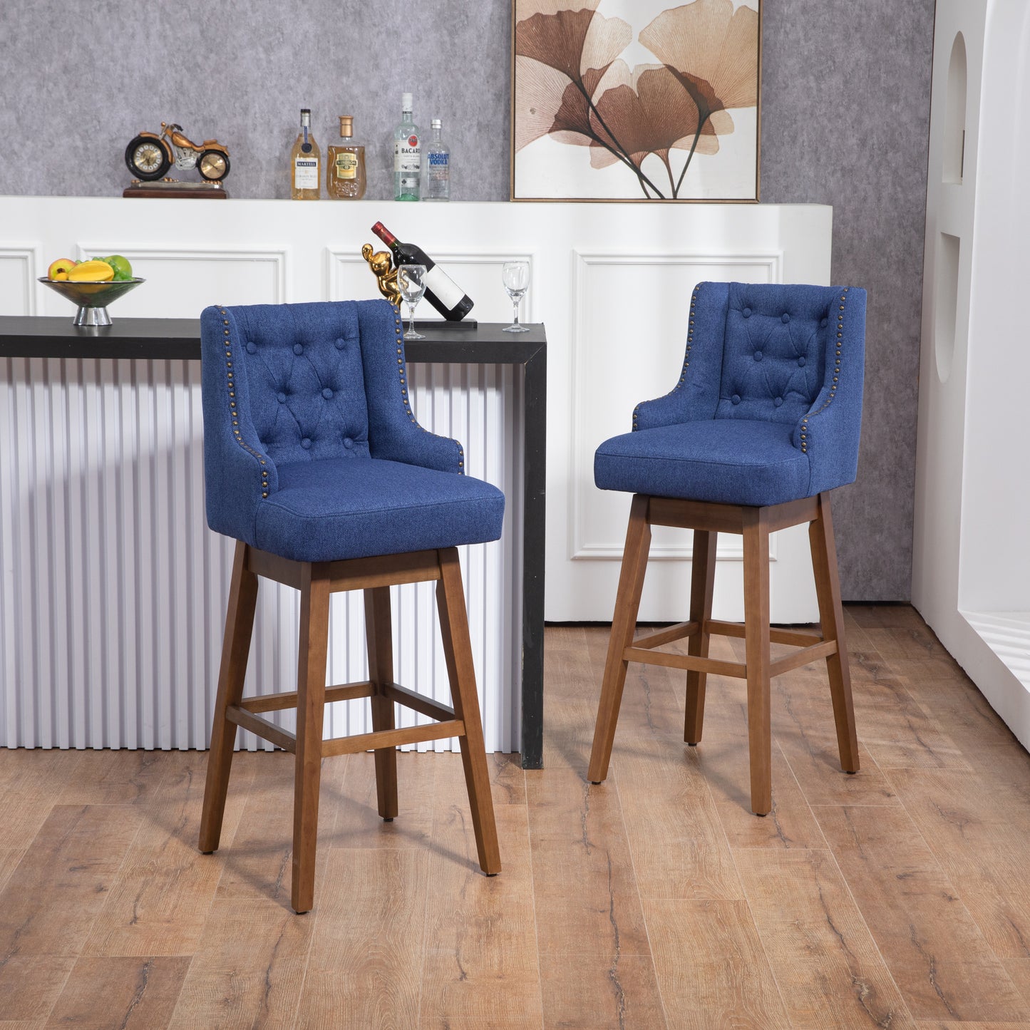 Morrithal - Set of 2 - 30" Navy Linen Counter Height Bar Stools with 360° Swivel, Footrest, Solid Wood Legs, and Retro Style for Kitchen or Dining Room